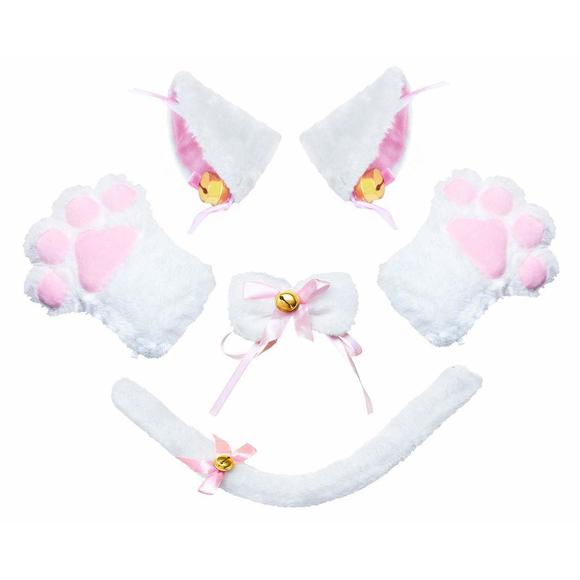Cat Cosplay Costume Kitten Ears Tail Collar Paws 5 Pack (white1)🐳 - Picture 1 of 5